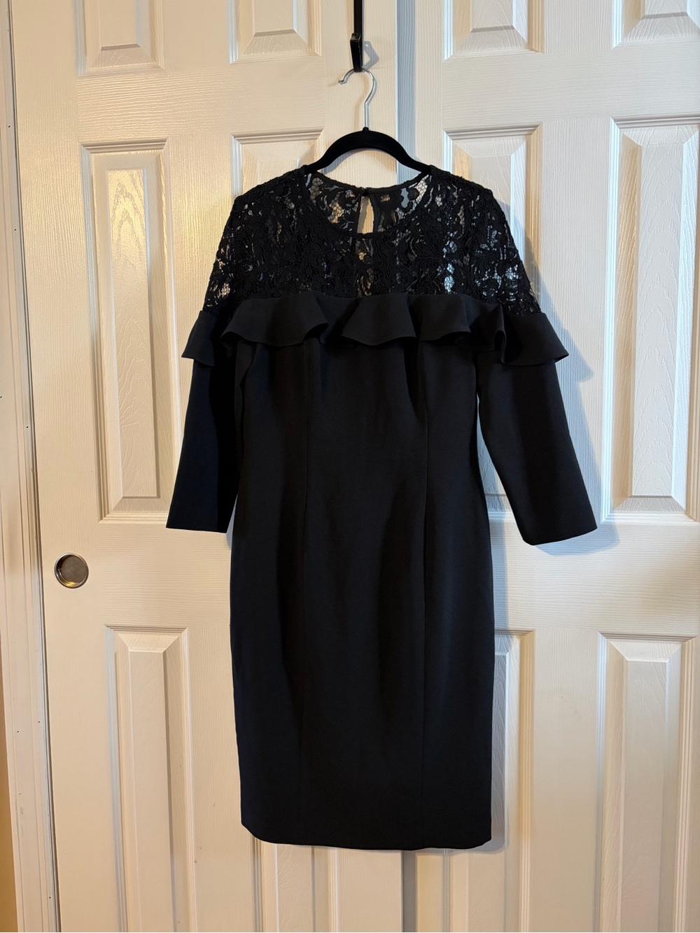 Eliza J Black Lace Yoke Ruffle 3/4 Sleeve Midi Sheath Dress Size 10